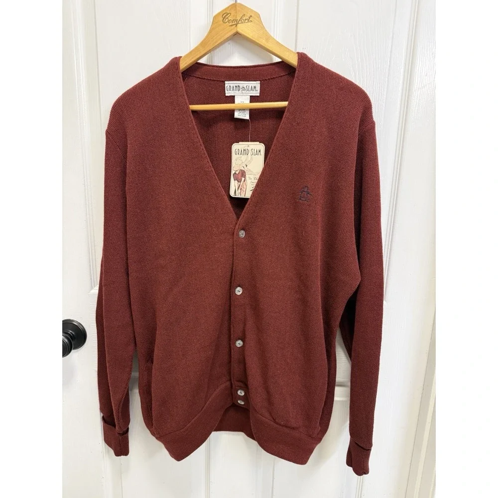 NWT VTG Penguin Grand Slam Golf Cardigan Men's Medium Burgundy Grandpa Deadstock